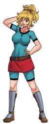 arm_behind_head belt bike_shorts black_background blonde_hair blue_eyes blue_shirt bodysuit boots breasts brown_belt cg collarbone covered_navel covered_nipples female full_body hand_on_own_hip hentai_heroes high_ponytail kinkoid knee_boots large_breasts lips long_hair looking_at_viewer minecraft miniskirt mitarashi_anko official_art parody ponytail red_skirt scrunchie shirt short_hair short_sleeves simple_background skin_tight skirt smile solo solveig_(hentai_heroes) standing transparent_background