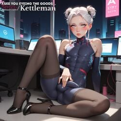ai_generated blush boner bulge computer cybernetics cyberpunk cyborg embarrassed erect_penis erection erection_under_clothes erection_under_clothing femboy feminine feminine_male high_heels horny kettleman latex latex_clothing office penis_bulge secretary shy sissy sitting skin_tight slender_waist slim_waist touching_self trap twink white_hair