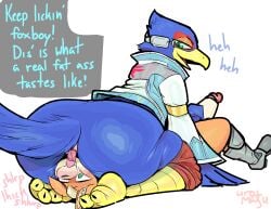2boys anal anthro anus ass avian balls beak big_ass big_butt biped bird blue_body blue_skin blue_tail blue_text butt canid canine dialogue duo erection exclamation_point facesitting falco_lombardi fox fox_mccloud genitals glans green_eyes huge_butt humanoid_genitalia humanoid_penis licking licking_anus licking_ass looking_back male male/male male_focus male_only mammal nintendo open_mouth oral penis pupils rear_view rimming sex sitting_on_another star_fox tail teal_eyes text tongue tongue_out uromatsu