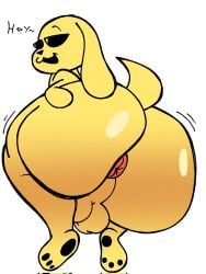 anthro anus ass balls big_butt big_ears big_pubes black_nose canid canine canis chikn_nuggit chikn_nuggit_(chikn_nuggit) digital_drawing_(artwork) digital_media_(artwork) domestic_dog genitals glistening glistening_butt hand_on_butt hi_res huge_butt looking_at_viewer looking_back lucaslora male male_only mammal nude nude_anthro nude_male open_mouth presenting presenting_anus presenting_hindquarters pubes rear_view smile smiling_at_viewer solo teasing_with_butt wide_hips yellow_body
