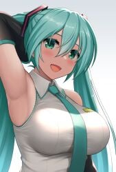 alternate_version_available aqua_eyes arm_behind_head arm_up armpits arms_behind_back arms_up big_breasts breasts detached_sleeves female hatsune_miku hormone_koijirou looking_at_viewer necktie nipples sideboob simple_background smile smile_at_viewer twintails upper_body vocaloid white_background