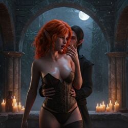 3d 3d_(artwork) 3d_model ai_generated blood_elf corset curly_hair elf elf_female elf_girl pants red_hair