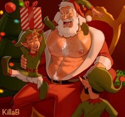 3boys brown_hair christmas clothed color colored elf elf-san_wa_yaserarenai elf_ears gay gay_male gay_sex hir killabkiller male male_focus male_only muscular muscular_male present santa_claus white_hair yaoi