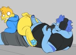 2boys aged_up blue_skin bluudud_(forsaken) cub forsaken_(roblox) freckles furry gay gay_sex headphones male male_cub male_only noob_(forsaken) overweight_male precum prosaken roblox_game yaoi