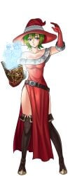 ankyo_(hentai_heroes) bare_shoulders belt blue_eyes book boots breasts cg cleavage collarbone dress elbow_gloves female full_body gloves green_background green_eyes green_hair hat hentai_heroes kinkoid large_breasts looking_at_viewer magic medium_breasts off_shoulder official_art parody pelvic_curtain red_dress red_gloves red_headwear rei_ayanami short_hair side_slit solo thigh_boots thighhighs witch_hat wizard_ankyo_(hentai_heroes)