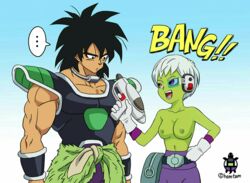 1boy 1girls alien alien_girl battle_armor breasts breasts_out broly cheelai dragon_ball dragon_ball_super duo female green-tinted_eyewear green_skin gun humanoid male nipples ray_gun scouter short_hair straight tagme tinted_eyewear topless white_hair