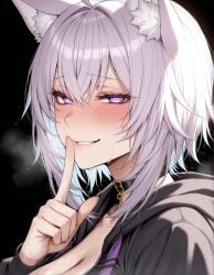 1girls ai_generated asmr big_breasts blush breasts cat_ears cat_girl dark_background feline female finger_in_mouth grin heart heart-shaped_pupils hololive hololive_gamers hololive_japan looking_at_viewer nekomata_okayu purple_eyes purple_hair smile stable_diffusion steam steamy_breath sweat sweatdrop underdog454545 virtual_youtuber vtuber