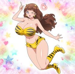 1girls absurd_res amanogawa_kirara belly_button big_breasts breasts brown_hair cosplay earrings female female_only go!_princess_precure hi_res highres hitokiwa_kenchin huge_filesize light-skinned_female light_skin lum_(cosplay) precure pretty_cure purple_eyes solo star_earrings toei_animation urusei_yatsura wink