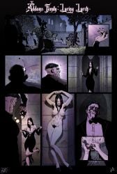 1boy 1girls armpit_hair black_hair boxofwant breasts bulge_through_clothing cheating cheating_wife clothed clothed_male clothed_male_nude_female clothing english_text female_pubic_hair lo long_hair looking_at_viewer lurch mature mature_female medium_breasts milf morticia_addams netorare nipples nude nude_female pubic_hair size_difference text the_addams_family wife
