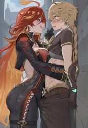 1boy aether_(genshin_impact) against_wall ahoge ai_assisted ai_generated ass biker_clothes blonde_hair blush bodysuit breasts_pressed_against_partner bulge bulge_through_clothing bulge_under_clothes chin_grab dominant_female earrings fat_ass female femdom genshin_impact gloves half-closed_eyes huge_ass huge_breasts imminent_sex inviting inviting_to_sex jacket licking_lips long_hair long_sleeves looking_at_another mavuika_(genshin_impact) outdoors red_hair scared scared_expression skindentation small_pupils street sweat sweatdrop tease teasing thick thick_thighs thigh_strap tight_clothes tongue truck-kun_art truck_kun