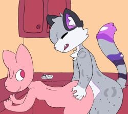 anthro ass bent_over big_penis butt_grab cabinet duo felid female fluffy fluffy_tail genitals hand_on_butt huge_cock hyper hyper_genitalia hyper_penis kai_(nyactophiliac) male male/female mammal nyactophiliac one_eye_closed pantherine penetration penis rue_(nyactophiliac) slime snow_leopard tail wink