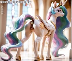 ai_generated alicorn ass ass_focus ass_view baised bedroom_eyes butt_plug cutie_mark digitigrade female hooves horn jewel_buttplug looking_at_viewer looking_back mare multicolored_hair my_little_pony pony princess_celestia purple_eyes rear_view tail tiara white_fur wings