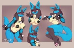 1girls 4_toes anthro big_breasts blep blue_fur blush breasts canid canine chest_tuft claws clothed clothing feet female female_lucario female_only fishnets generation_4_pokemon hi_res japanese_clothes looking_at_viewer lucario mammal multiple_poses nintendo nipple_pasties partially_clothed pawpads paws pink_pawpads plantigrade pokemon pokemon_(species) pose red_eyes sketch_page smiling smiling_at_viewer soles solo tail teranen thick_thighs thong thong_pull toes tuft x_pasties