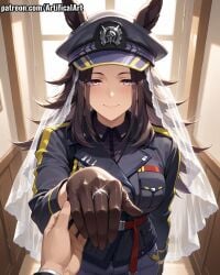 1girls ai_generated animal_ears artifical_art black_hair black_hat bride female fenomeno_(umamusume) horse_ears horse_girl horse_tail light-skinned_female light_skin peaked_cap perfect_body purple_eyes umamusume umamusume_pretty_derby white_gloves