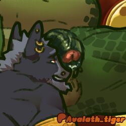 1:1 absurd_res anthro avalath_tiger balls big_penis canid canine canis dinosaur ear_piercing foreskin general_scales genitals hi_res male male/male mammal muscled_male muscular muscular_anthro nintendo penis penis_in_face piercing prehistoric_species reptile saggy_balls scalie sharpclaw_(star_fox) smile star_fox theropod tyrannosaurid tyrannosauroid tyrannosaurus tyrannosaurus_rex uncircumcised vein veiny_penis wolf wolf_o'donnell