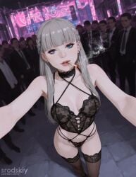 1girls ai_generated cigarette female grey_hair half_naked hentai lawine_(sousou_no_frieren) lingerie magical_girl makeup mature_female panties selfie sexy smoking sousou_no_frieren srodskiy tagme vulgar