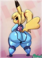 1female angry angry_face animal_ears ass ass_bigger_than_head ass_focus ass_grab back_view big_ass black_eyes blonde_hair butt_focus clothing furry game_freak hips huge_ass huge_butt latex latex_clothing long_hair metroid miso_souperstar pikachu pokemon pokemon_(species) samus_aran_(cosplay) shortstack straight_hair thick thick_ass thick_hips thick_legs thick_thighs wide_hips yellow_body