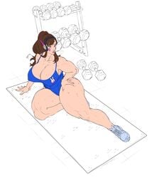 bare_shoulders breasts brown_eyes brown_hair busty cleavage curvy d.va edit female large_breasts muscles muscular muscular_female orangekissess overwatch ponytail solo sweat thick_thighs