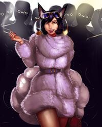 ahri ambiguous_gender blowing_smoke cigarette clothed clothing female hoop_earrings hoop_earrings_oversized jewelry league_of_legends licking_lips looking_at_viewer magnetus owo posing prostitution smoke smoking