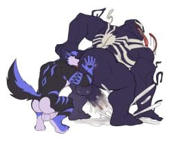 alien alien_humanoid anal anthro anus ass balls big_butt big_muscles big_penis black_body black_fur bodily_fluids bubble_butt canid canine canis crouching cum duo ejaculation emblem empty_eyes erection faceless_character fur genital_fluids genitals hand_on_butt hi_res humanoid humanoid_genitalia humanoid_penis male male/male mammal marvel marvel_rivals muscular nude oral penis purple_body purple_fur rimming saliva sex seyrmo sharp_teeth simple_background size_difference symbiote tail teeth tendrils tongue tongue_out venom_(marvel) wolf