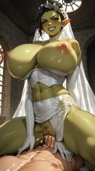 ai_art ai_assisted ai_generated big_breasts big_breasts breasts breasts cowgirl_position cum cum_in_pussy cum_inside cumshot dnd dnd5e dnd_character evil_grin fantasy green_body green_skin orc orc_female orc_girl orc_on_human orced tits_bigger_than_head tits_out titties wedding wedding_dress wedding_night