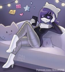 1girls artist_name artist_signature blush blushing_female breasts cat_pillow clothing couch curvaceous curvy curvy_body curvy_female curvy_figure decoration female female_only glitch_productions hat high_heels i_call_it_a_rug legs lights mikansfw murder_drones nori_(murder_drones) phone pillow purple_eyes purple_hair rhymes_with_grug robot robot_girl robot_humanoid sitting_on_couch solo solo_female thick_thighs thighs tight_clothing white_high_heels