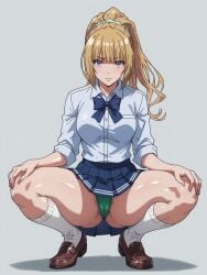 ai_generated blonde_hair blue_eyes classroom_of_the_elite female green_thong karuizawa_kei loafers long_hair loose_socks pale-skinned_female panties school_uniform thick_thighs transparent_background upskirt