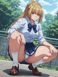 ai_generated blonde_hair classroom_of_the_elite female karuizawa_kei loafers loose_socks outdoors school_uniform teasing upskirt white_panties