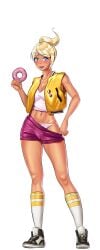 asahina_aoi billie_(hentai_heroes) blonde_hair blue_eyes blush breasts cg cleavage clothes_pull crop_top dark-skinned_female dark_skin doughnut female food full_body green_background gyaru hair_ornament hairclip hentai_heroes holding kinkoid kneehighs looking_at_viewer medium_breasts midriff miniskirt nail_polish navel official_art open_mouth panties parody pink_shorts ponytail purple_shorts shirt shoes short_hair short_shorts short_sleeves shorts shorts_pull simple_background skirt small_breasts smile sneakers socks solo standing tan tank_top tanlines thighs transparent_background underwear vest white_panties white_socks