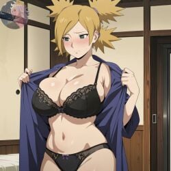1girls ai_generated big_breasts boruto:_naruto_next_generations bra breasts cleavage female female_only highleg highleg_panties horny kimono lazeai legs_together legwear lingerie looking_away looking_to_the_side mature mature_female midriff milf naruto naruto_(series) navel open_clothes open_kimono panties pinup ponytail solo teal_eyes teasing temari tied_hair topless underwear undressing voluptuous watermark yellow_hair