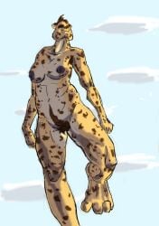 anthro breasts cloud colored feet felid female fur hair jeri_kleinlowe leopard low-angle_view mammal muscular navel nipples nude outside pantherine pubes sky solo walking yellow_body yellow_fur