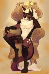 absurd_res animal_genitalia animal_penis anthro antlers balls bodily_fluids body_hair chair chest_hair deer dragon equine_genitalia equine_penis fur fur_markings furniture garbeorn genital_fluids genitals hi_res horn hybrid licking licking_lips looking_at_viewer male mammal markings mythological_creature mythological_scalie mythology nude penis phoenix_diluted scalie solo throne throne_position tongue tongue_out tufted_fur