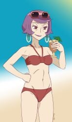 argenta_(pokemon) beach belly belly_button blue_sky brown_eyes cougar cropped cropped_legs earrings fruit_slice_earrings game_freak gilf gummidx legs_out_of_frame light-skinned_female light_skin midriff nintendo pokemon pokemon_dppt purple_hair purple_lipstick red_bikini red_bikini_bottom red_bikini_top sand shaded simple_background slim_waist sunglasses sunglasses_on_head sunlight