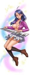 ahoge akamatsu_kaede beamed_eighth_notes black_socks blue_hair blush boots breasts brown_footwear cg eighth_note female full_body green_background hair_ornament hairclip hentai_heroes instrument jacket keyboard_(instrument) kinkoid kneehighs large_breasts lips long_hair looking_at_viewer miniskirt music musical_note musical_note_hair_ornament nipples no_bra official_art open_clothes open_shirt parody piercing playing_instrument quarter_note red_eyes shirt skirt smile socks solo transparent_background white_skirt yuja_(hentai_heroes)
