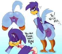 2019 absurd_res anthro ass avian balls beak beige_balls beige_penis big_butt big_penis bird black_eyes blue_background blue_feathers chest_tuft convenient_censorship cum cum_in_mouth cum_inside cum_on_beak cum_on_face dialogue dipstick_penis disembodied_penis duo english_text erection eyelashes feather_hands feathers female front_view gradient_background half-closed_eyes handjob heart highres human human_on_anthro humanoid_penis interspecies light_feathers light_skin looking_back looney_tunes male male_human/female_anthro mammal motion_lines multicolored_feathers multiple_images no_irises nude offscreen_character pale_skin penis pussy raised_tail rear_view red_tongue road_runner_(looney_tunes) roadrunner rule_63 sex simple_background smile smirk smug soft_feathers somescrub standing straight surprise tail_feathers talons tan_skin text thick_thighs tongue tongue_out tuft two_tone_feathers warner_brothers white_background winged_arms wings yellow_beak