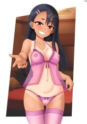 black_hair blush blush brown_eyes ear_piercing hair_ornament hayase_nagatoro inviting kaschmatz lingerie long_hair looking_at_viewer nagatoro_hayase nail_polish please_don't_bully_me,_nagatoro red_nails smile smiling smiling_at_viewer tan_body tan_skin tanline thighhighs translucent_clothing