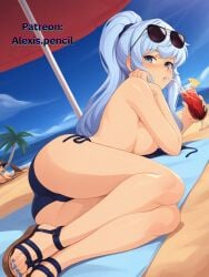 ai_generated alexispencil beach blue_eyes blue_hair blue_nails khun_maschenny_jahad nail_polish painted_nails self_upload sipping tagme taller_female tower_of_god