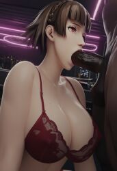 1boy 1girls 3d ai_generated big_breasts big_penis blowjob breasts brown_hair dark-skinned_male fellatio female female_focus generalbutch_(style) huge_ass huge_breasts huge_cock interracial light-skinned_female lingerie makoto_niijima male nightclub oral persona persona_5 red_eyes red_lingerie red_underwear short_hair sodaglow_artist tagme underwear