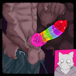 1:1 animal_genitalia anthro balls body_writing bottomwear bottomwear_down canid canine carnival_game cheek_spots clothed clothing clown_makeup coyote domestic_cat duo felid feline felis genitals gesture hand_gesture hat headgear headwear knot male male/male mammal multicolored_penis muscular ozadene pants pants_down partially_clothed penis plushie pointing pointing_at_penis rainbow_penis sheath shirtless speech_bubble suspenders text writing_on_genitals writing_on_penis