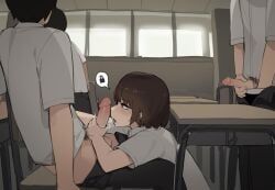 3boys 3boys1girl big_breasts blowjob bottomless breasts classroom female highres male multiple_boys original pepper0 sex sex_from_behind shirt white_shirt
