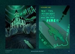 2025 aura building crocodile crocodilian evil_laugh feral furniture genitals green_background green_eyes hi_res house laugh operating_table penis plant pond reptile scalie sharkinthepark shrub simple_background solo table window