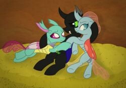 arthropod changeling fan_character female feral ffm friendship_is_magic genitals group hasbro hi_res hug lying male male/female my_little_pony ocellus_(mlp) penis pussy reformed_changeling spiracle_(mlp) trio wasisi