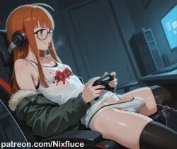 1futa ai_generated atlus futanari gamer_girl gaming gaming_chair glasses grin jacket nixfluce orange_hair panties panties_aside peeing peeing_self penis persona persona_5 persona_5_royal sakura_futaba urination wardrobe_malfunction white_shirt