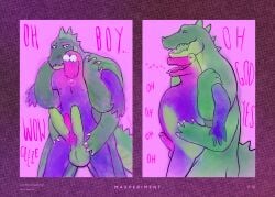 2025 2_penises 4_arms anthro balls bulging_eyes claws closed_eyes crocodile crocodilian dialogue dr_crocovile_(sharkinthepark) duo finger_claws frottage genitals hi_res holding_arms male max_(maxmulticroc) moan multi_arm multi_genitalia multi_limb multi_penetration multi_penis open_mouth overwhelmed penile penis pink_background reptile scalie sex sharkinthepark simple_background tail tongue