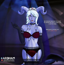 1girls ardham big_breasts big_hips bra dialogue draenei draenei_paladin elbow_gloves english_text female front_view garter_belt goth heroes_of_the_storm horns lingerie looking_at_viewer panties pinup seductive standing underwear warcraft white_hair world_of_warcraft yrel