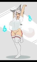 1girls alternate_version_available animal_ears brawlhalla pubic_hair pussy shirt simple_background slightly_chubby tail thigh_socks white_hair yumiko_(brawlhalla)