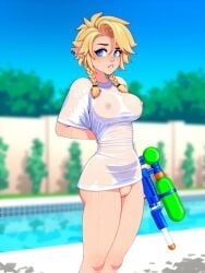 arm_behind_back bare_legs bare_thighs blonde_hair blue_eyes breasts elf elf_female medium_breasts nipples pointy_ears pool pussy ronindude sassy_(ronindude) see-through see-through_shirt solo_female water_gun wet_shirt