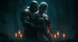 ai_generated ciri cirilla_fiona_elen_riannon female forest green-skinned_male green_eyes green_skin human human_female leshay7 light-skinned_female light_skin male male/female muscular muscular_male night orc orc_male outdoors pubic_hair the_witcher_(series) the_witcher_3:_wild_hunt toned_legs white_hair