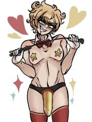 1boy blonde blonde-haired_male blonde_hair blue_eyes bow_tie bowtie cuntboy danganronpa_antebellum danganronpa_antebellum_lockdown drool fanganronpa gloves heart-shaped_pupils hearts_around_body hearts_around_head male male_only only_male panties pasties solo solo_male strap-on taka_takahiro tie top_surgery_scars trans_man trans_man_(lore) transgender transgender_male transman transmasc whip