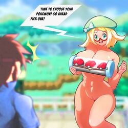 bianca_(pokemon) blonde_hair breasts brown_hair busty glasses innie_pussy nate_(pokemon) pokemon pokemon_bw2 sanikink_(artist)